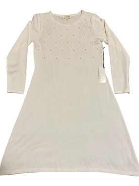 B My Story cream sweater dress with  elegant pearl embellishments